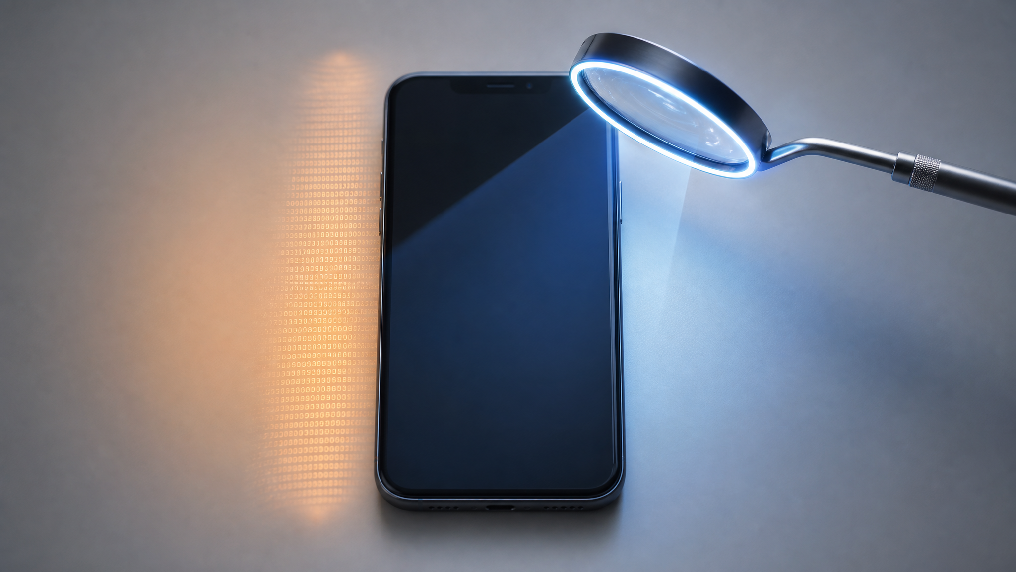Single unmarked smartphone on a studio surface under a verification beam, illustrating IMEI pre-purchase inspection for wholesale buyers.