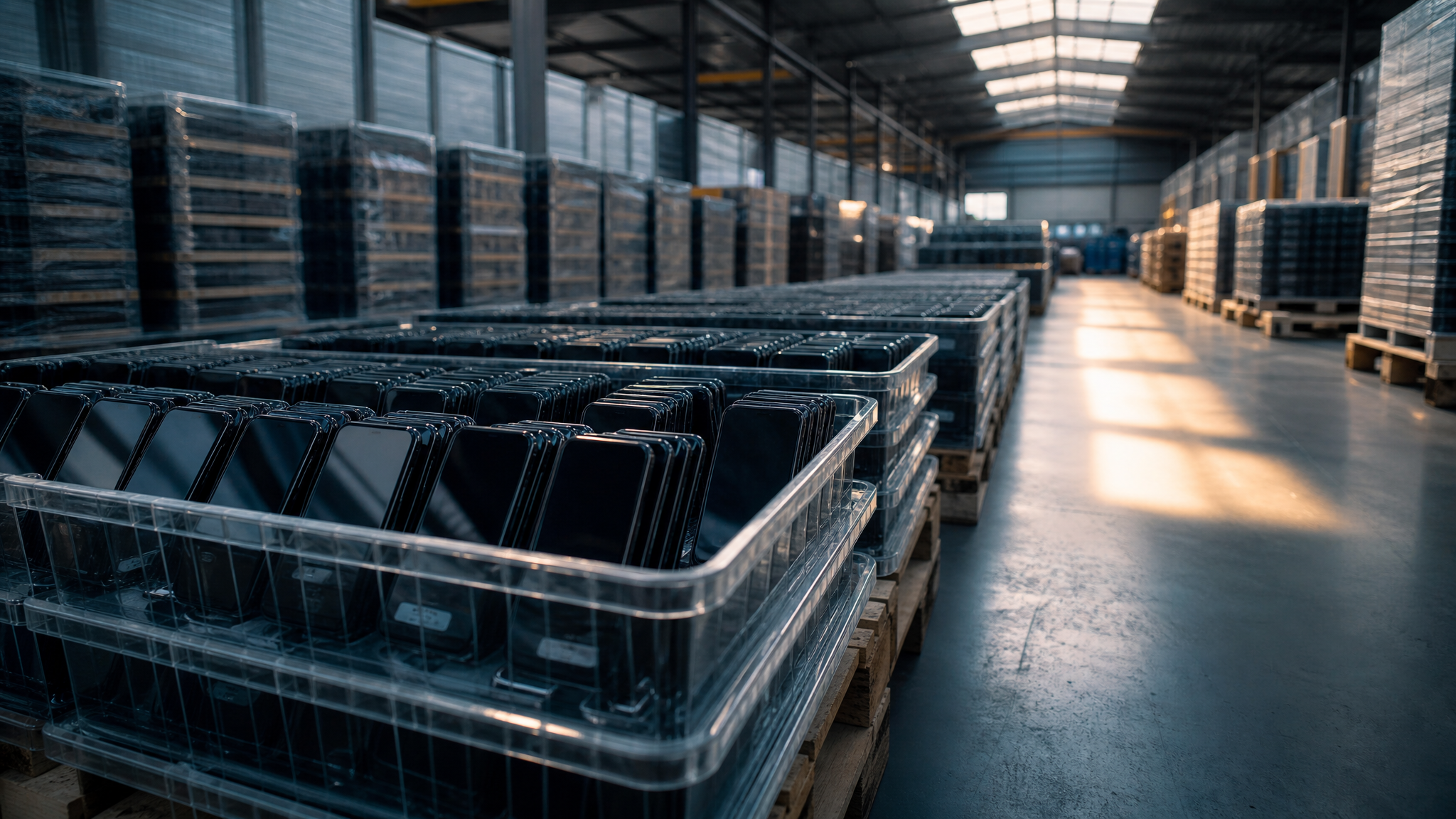 Smartphones progressing from new packaging through use to repackaged resale, representing the modern mobile device lifecycle.