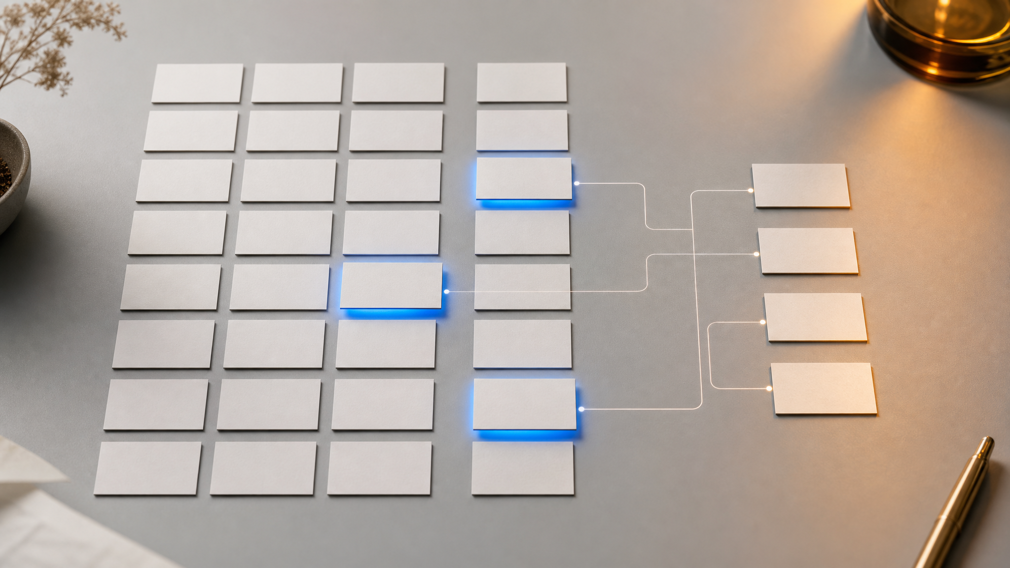 Overhead view of a grid of small unmarked cards on a light grey surface, with a few cards highlighted in blue and connected by thin lines to a smaller cluster, illustrating how matching trade offers are discovered.